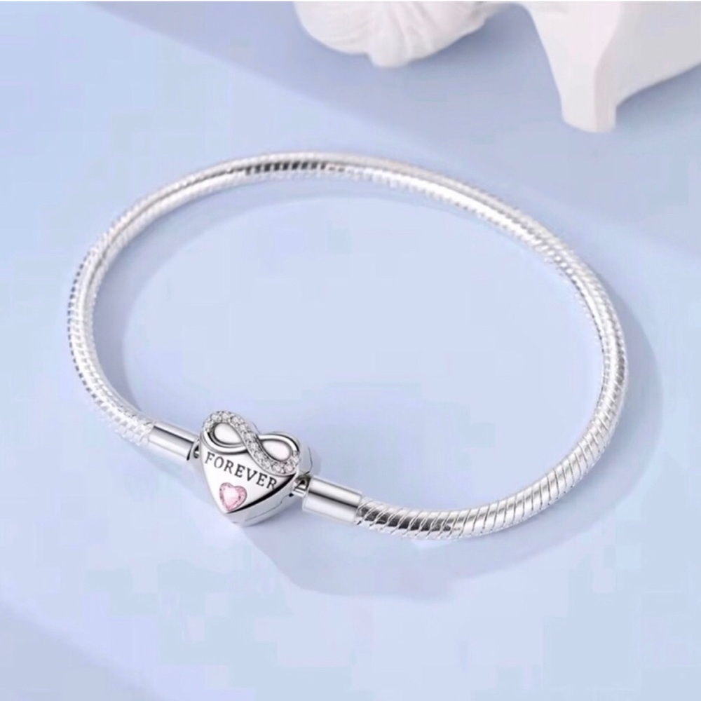 Forever Heart Infinity Charm Sterling Silver Bracelet with Pink Accent